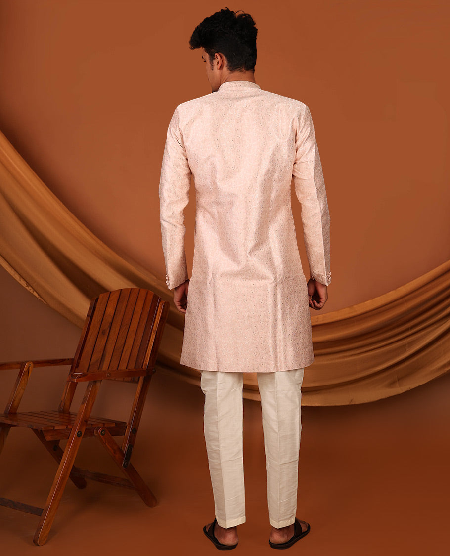 Grey Floral Embossed Full-Sleeved Men's Kurta and Has a Pants