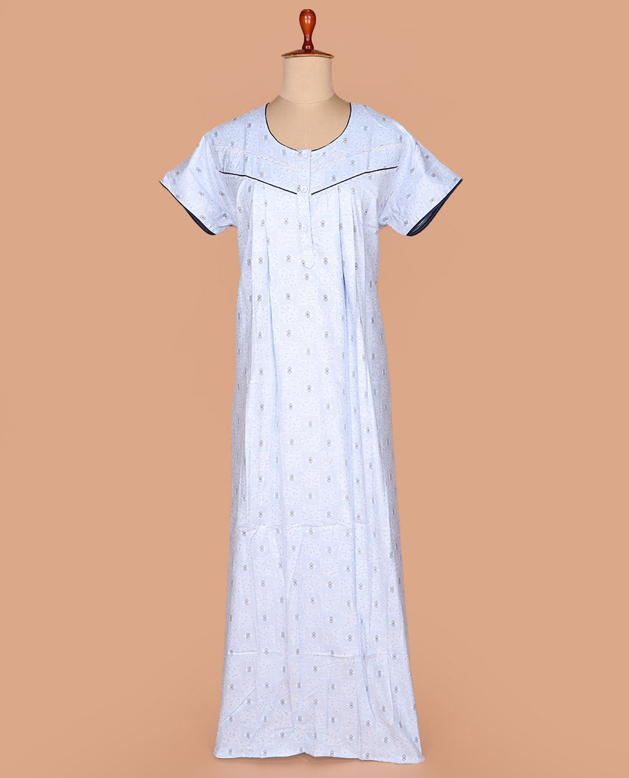 Blue uniquely printed lace work round necked half-sleeve cotton nighty