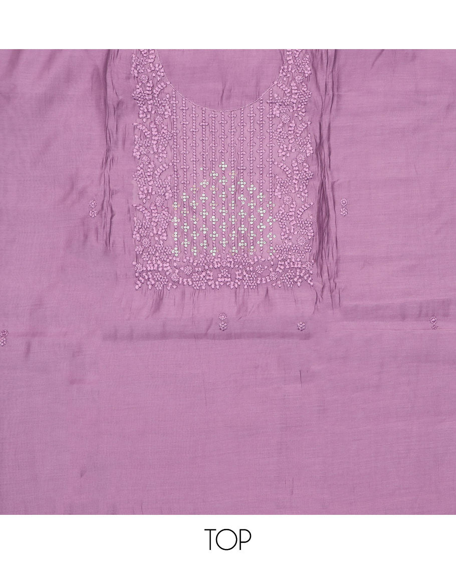 Lavender material chudidar set, sequins and thread neck embroidered top, plain bottom, and sequins and thread embroidered dupatta