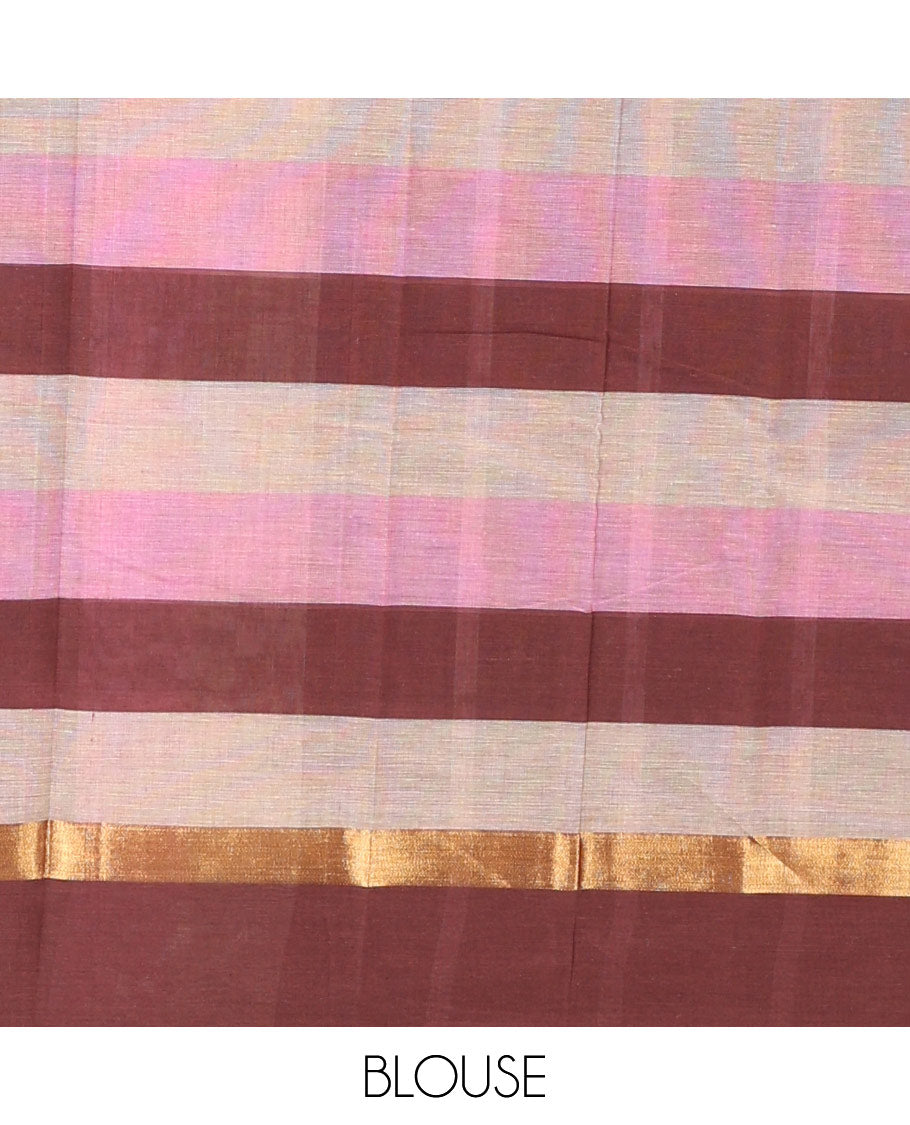Multi-hue checked chirala cotton saree, zari striped border & striped pallu