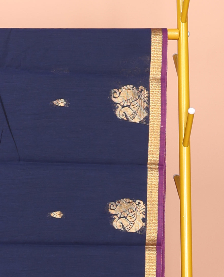 Navy Blue Semi-Silk Cotton Saree, Adorned with Buttas and Peacock Buttas All Over Its Body, Complemented by a Contrast Piping Border, Pallu of Peacock Butta Enclosed in a Checked Design, and Paired with a Contrast Blouse