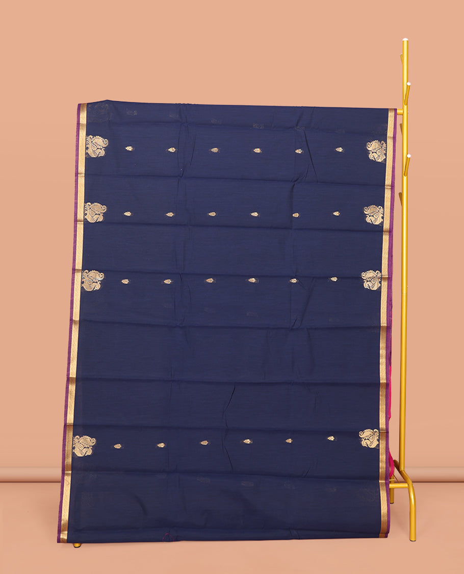 Navy Blue Semi-Silk Cotton Saree, Adorned with Buttas and Peacock Buttas All Over Its Body, Complemented by a Contrast Piping Border, Pallu of Peacock Butta Enclosed in a Checked Design, and Paired with a Contrast Blouse