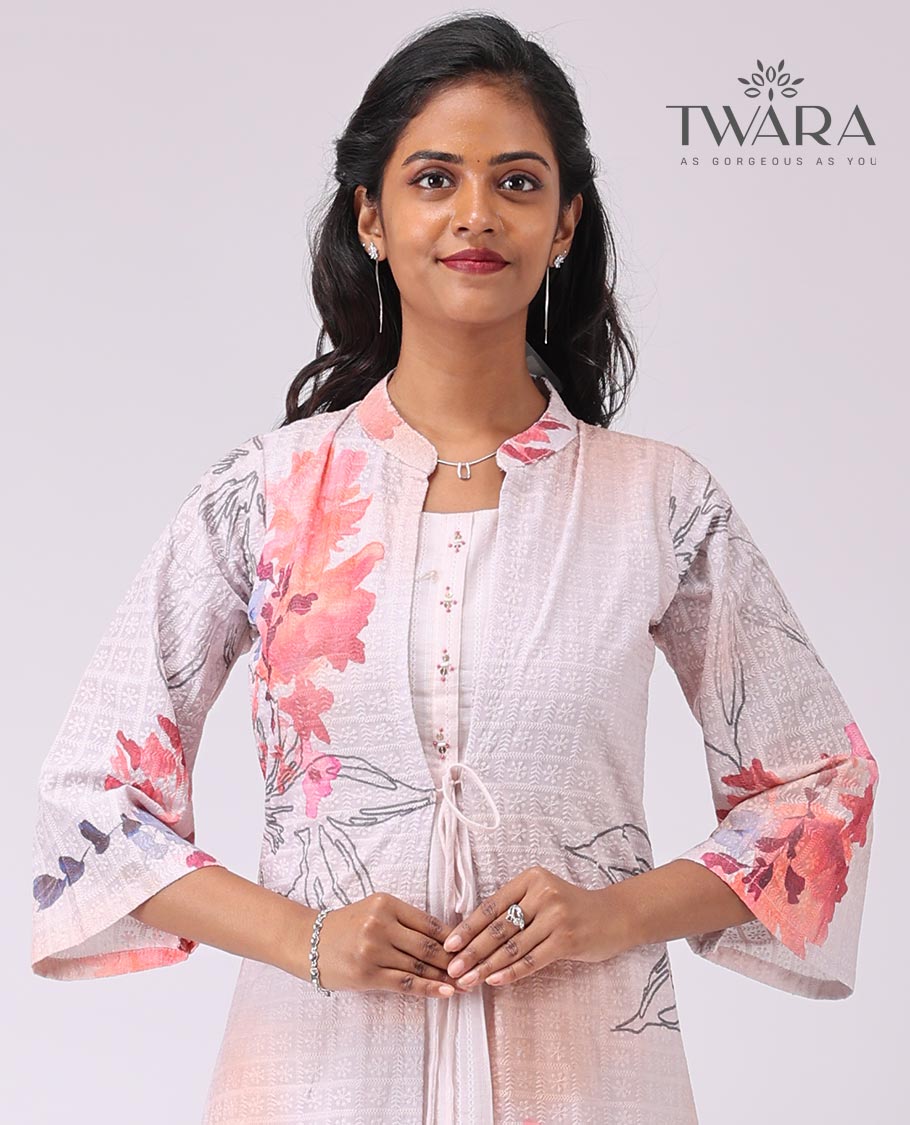 Twara light orange floral enclosed with checked embroidered over coat , 3/4 th sleeve , knee lenght kurti