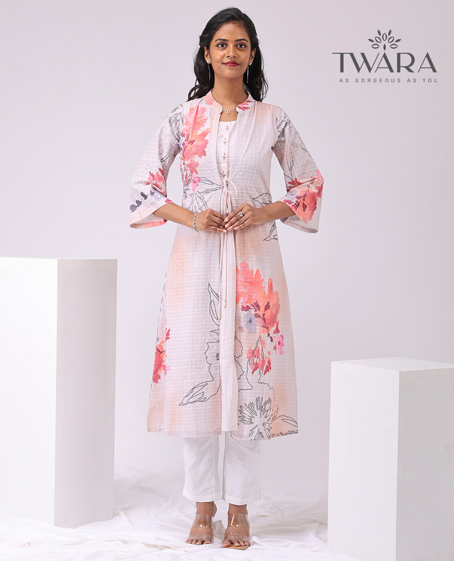 Twara light orange floral enclosed with checked embroidered over coat , 3/4 th sleeve , knee lenght kurti