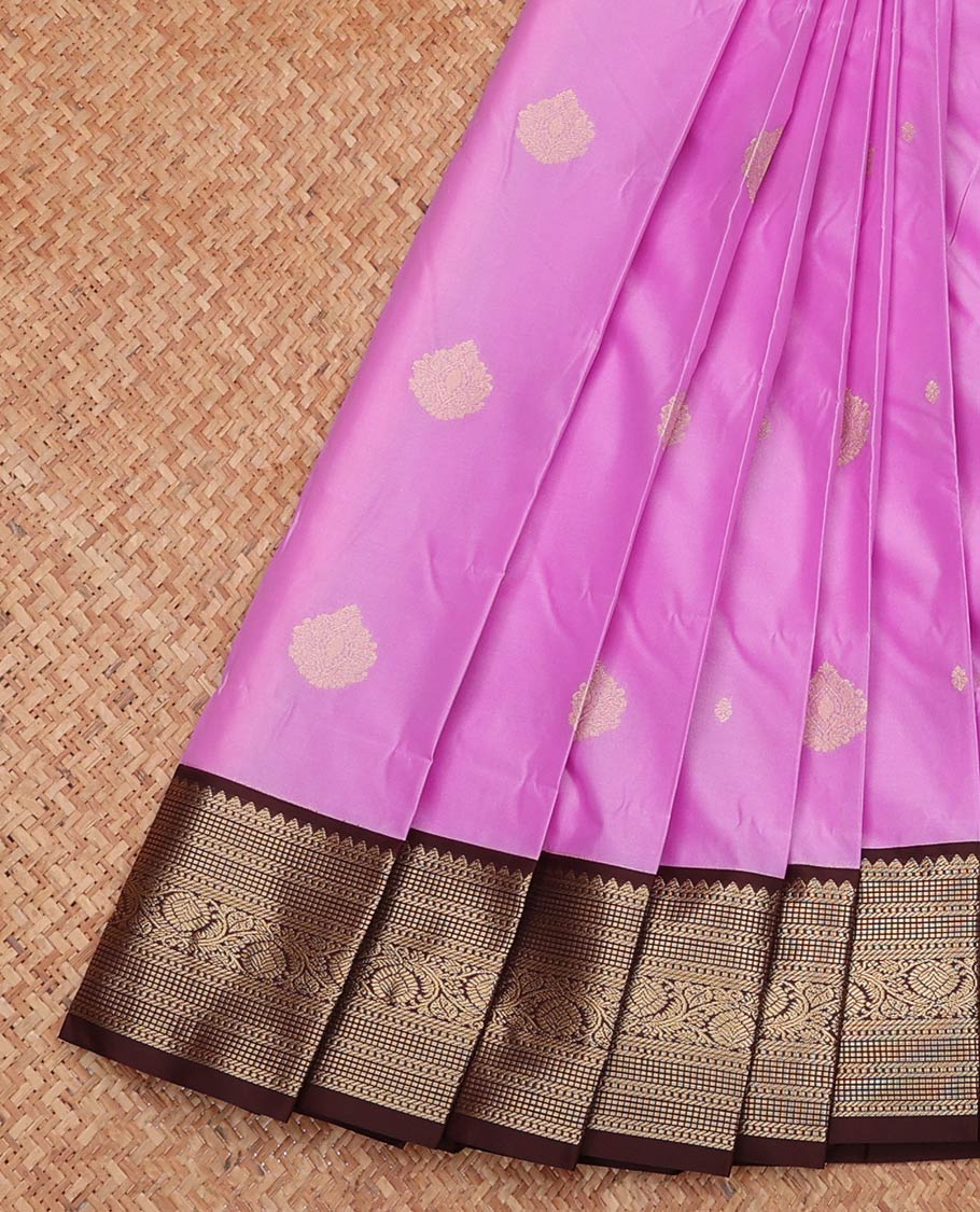 Purple Budget Silk Saree, Bedecked with Zari Buttas, Complemented by a Contrast Traditional Zari Border, Jaal Pallu, and a Contrast Blouse