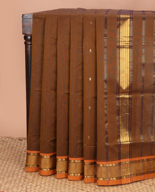 Brown zari buttas Venkatagiri cotton saree, contrast traditional zari border, and striped pallu