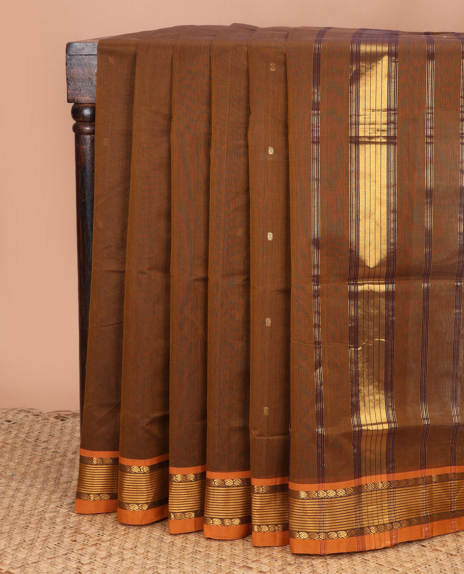 Brown zari buttas Venkatagiri cotton saree, contrast traditional zari border, and striped pallu