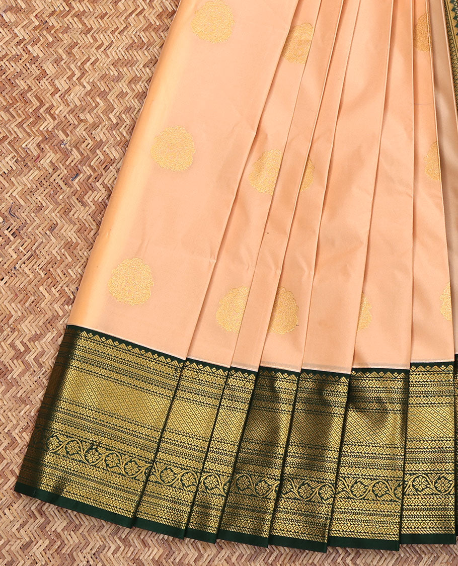 Peach Budget Silk Saree, Woven with Zari Buttas on Its Body, Complemented by a Contrast Traditional Zari Design Border, Grand Jaal Pallu, and Paired with a Contrast Blouse