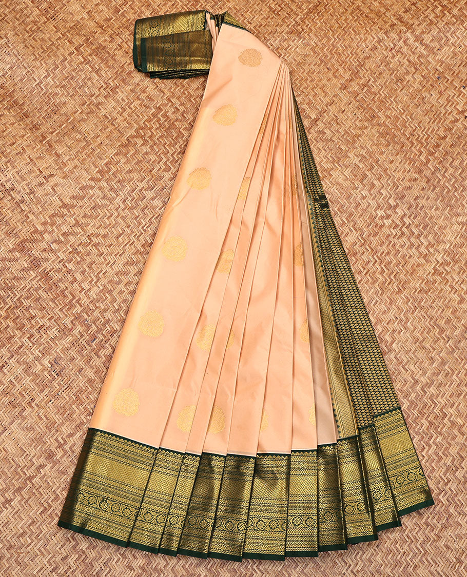 Peach Budget Silk Saree, Woven with Zari Buttas on Its Body, Complemented by a Contrast Traditional Zari Design Border, Grand Jaal Pallu, and Paired with a Contrast Blouse