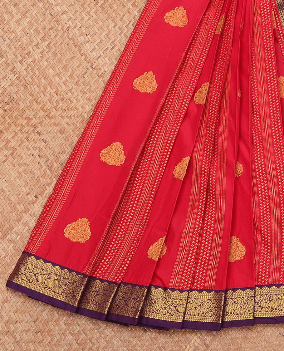 Red Budget Silk Saree, Elevated with Zari Buttas, Complemented by a Contrast Traditional Zari Border, Grand Pallu, and a Contrast Blouse