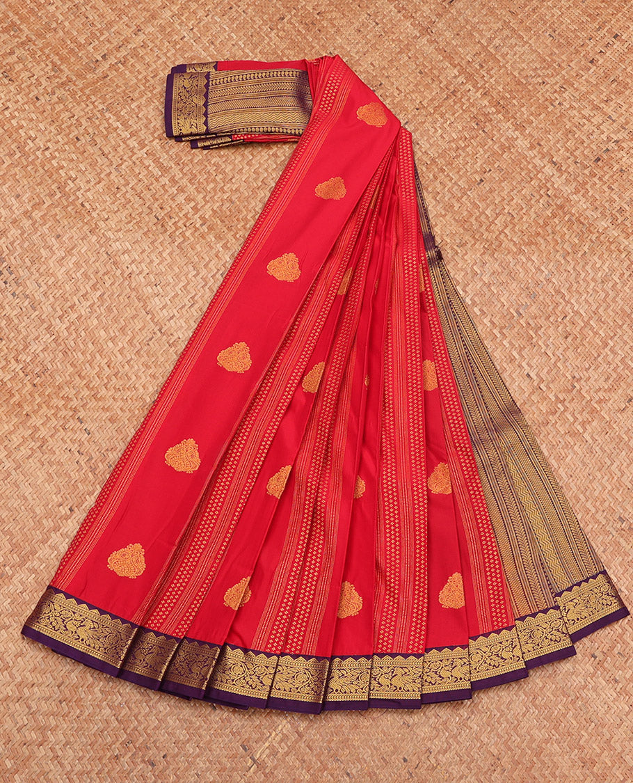 Red Budget Silk Saree, Elevated with Zari Buttas, Complemented by a Contrast Traditional Zari Border, Grand Pallu, and a Contrast Blouse