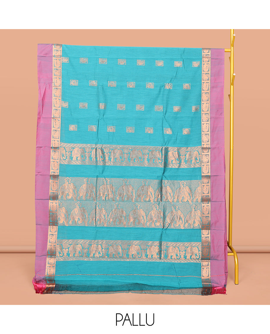 Blue Semi-Silk Cotton Saree, Accentuated with Zari Buttas All Over Its Body, Complemented by a Contrast Border of Peacock and Paisleys, Pallu of Elephant Designs, and Paired with a Matching Blouse