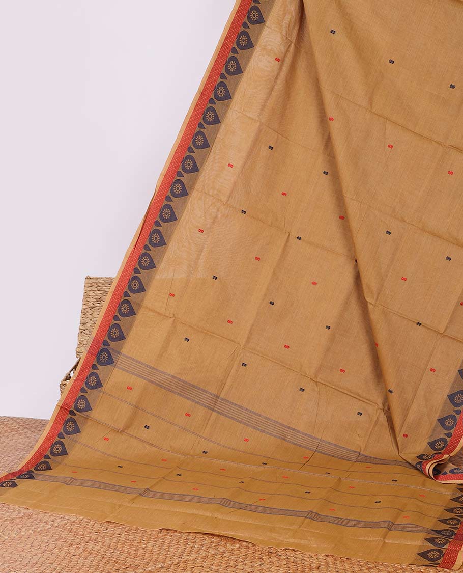 Sandal buttas Chettinad cotton saree, unique design border & striped pallu