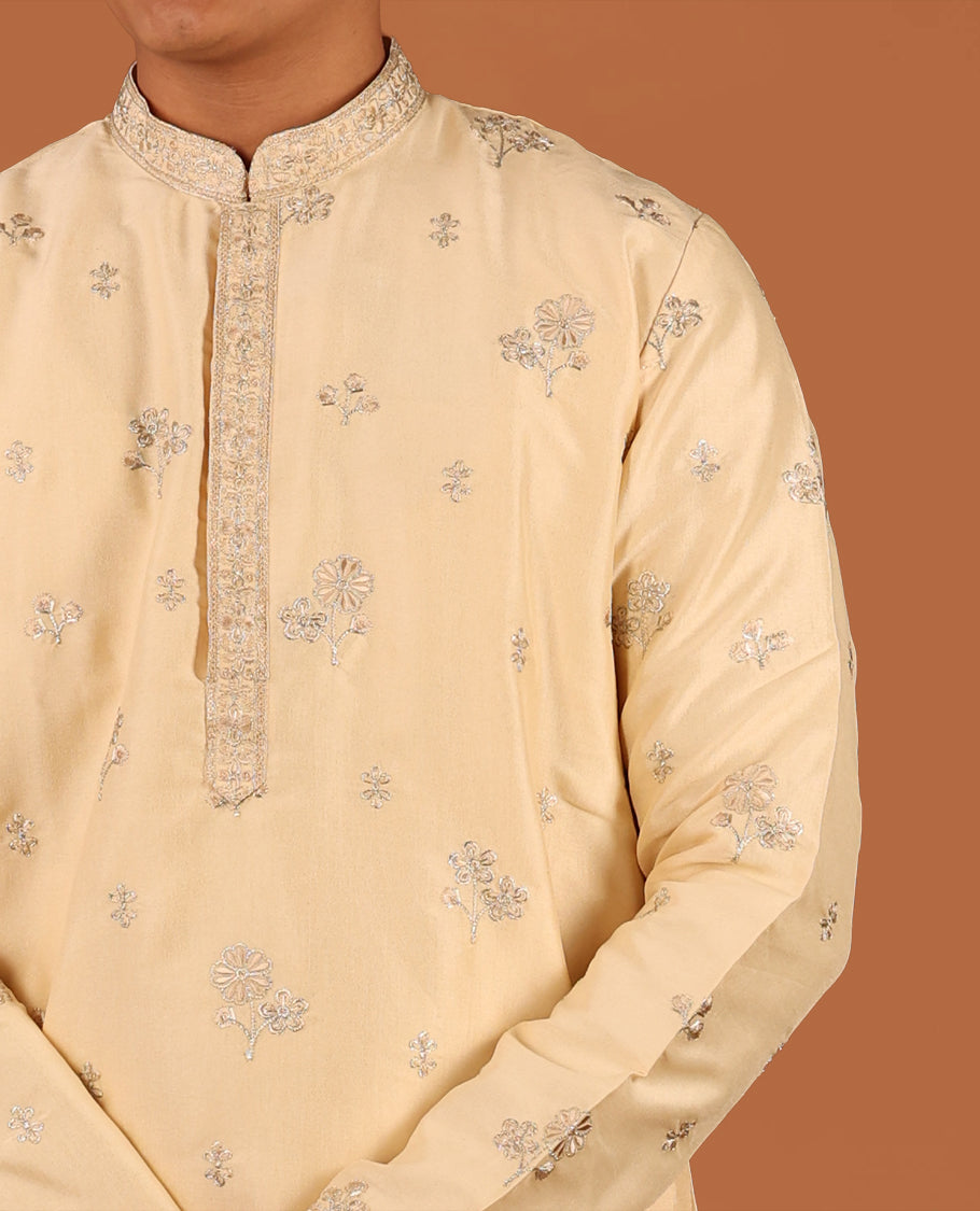 Light Sandal Floral Motifs Thread Embroidered Full-Sleeved Men's Kurta and Comes with Contrast Pants