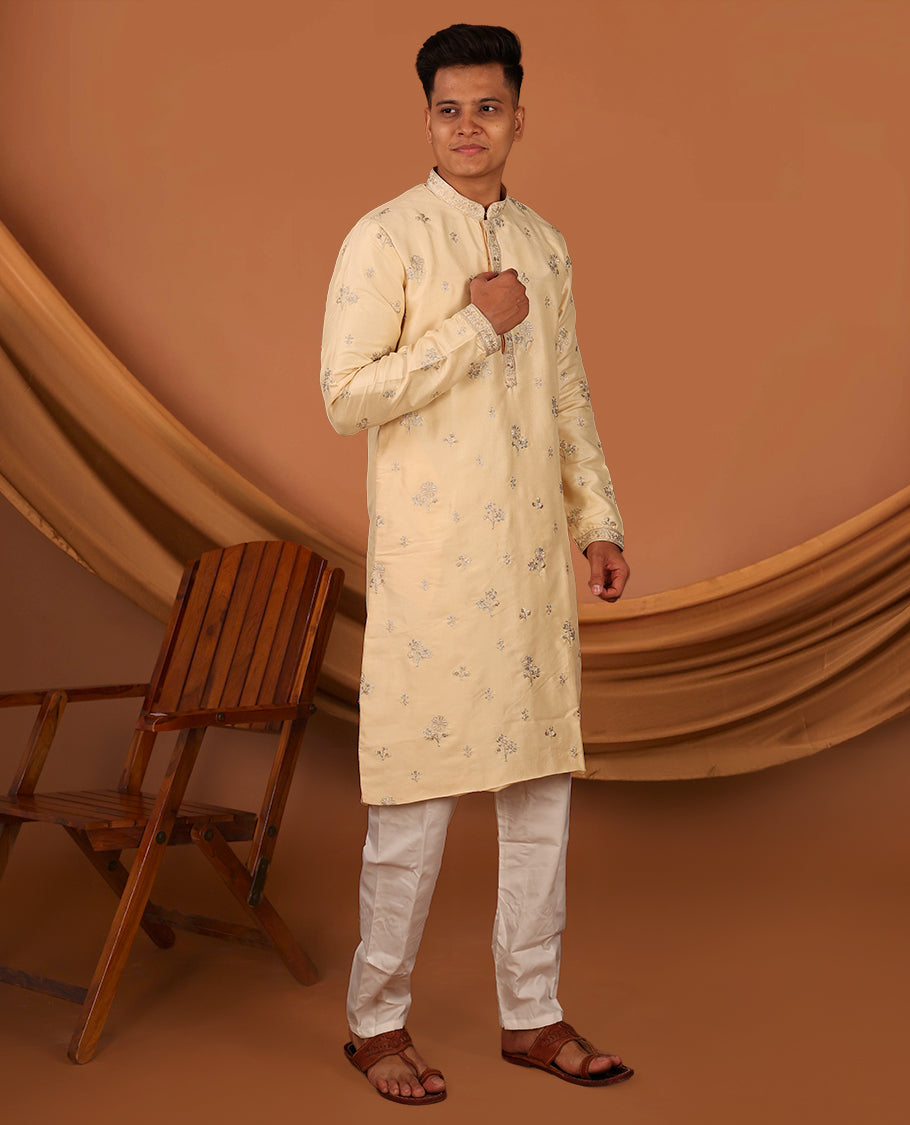 Light Sandal Floral Motifs Thread Embroidered Full-Sleeved Men's Kurta and Comes with Contrast Pants