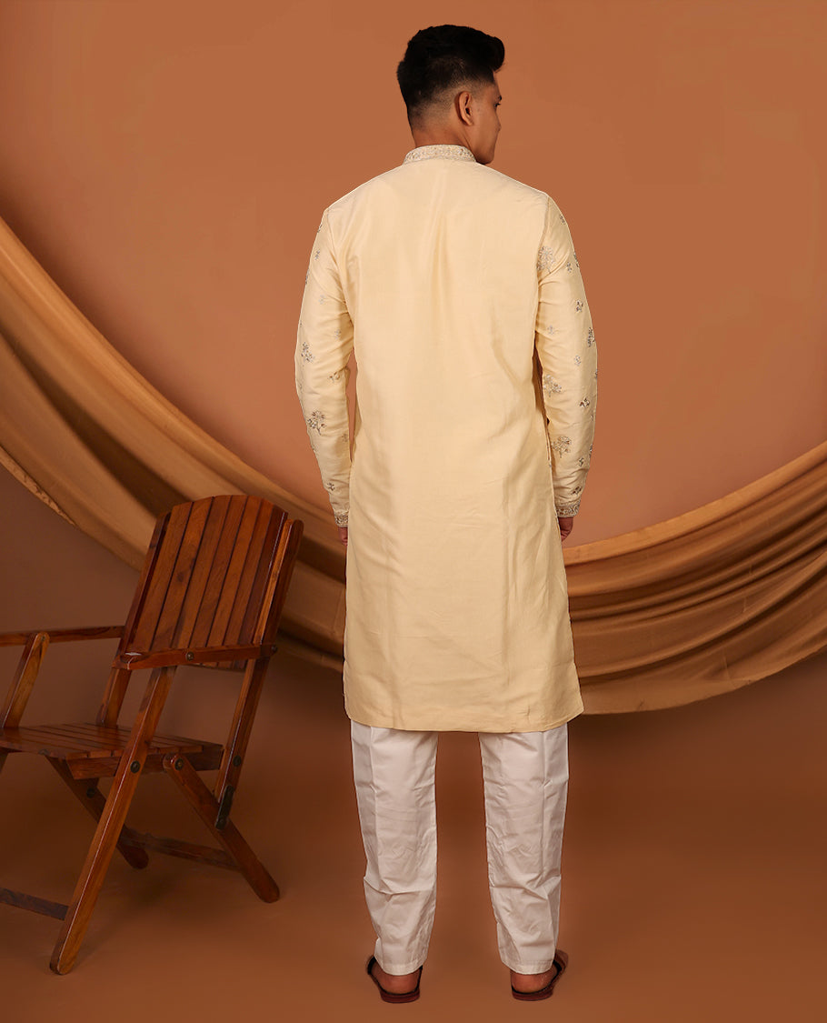 Light Sandal Floral Motifs Thread Embroidered Full-Sleeved Men's Kurta and Comes with Contrast Pants