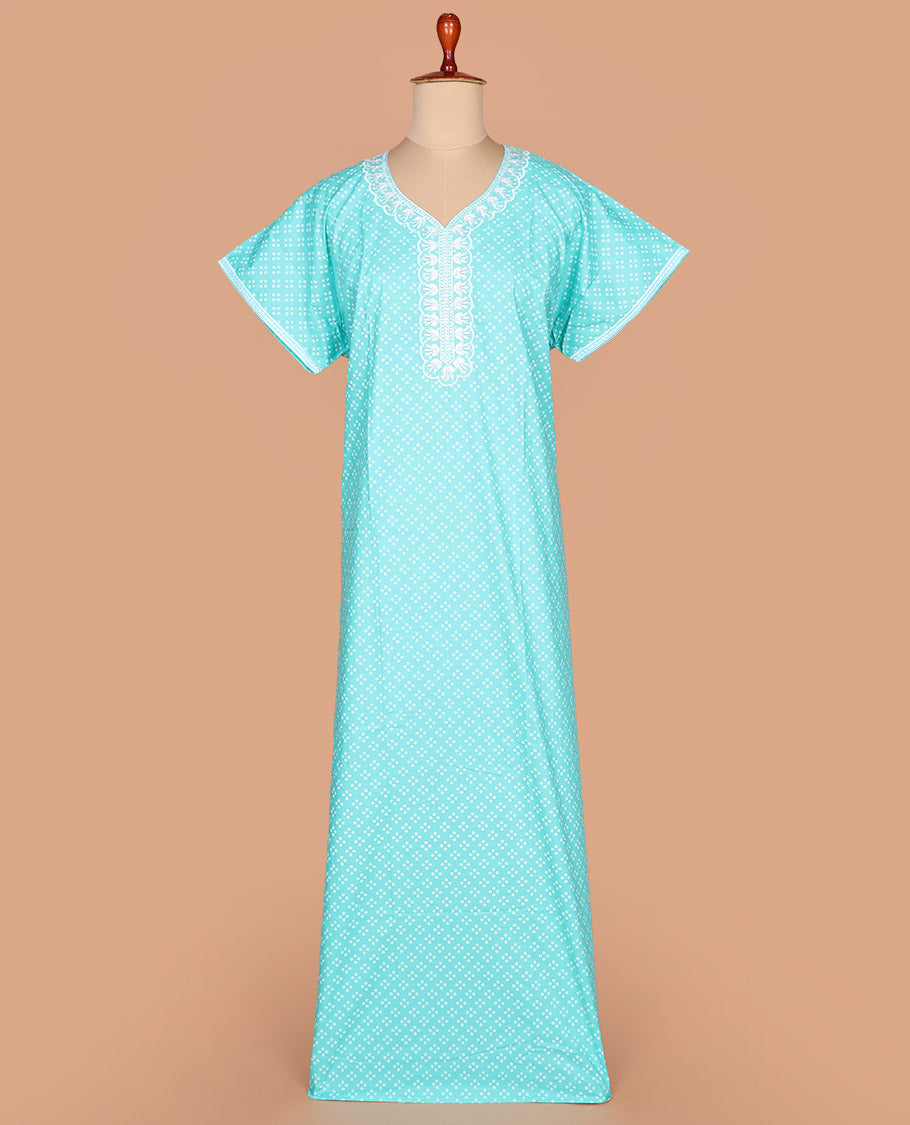 Half-white uniquely printed lace work round necked half-sleeve cotton nighty