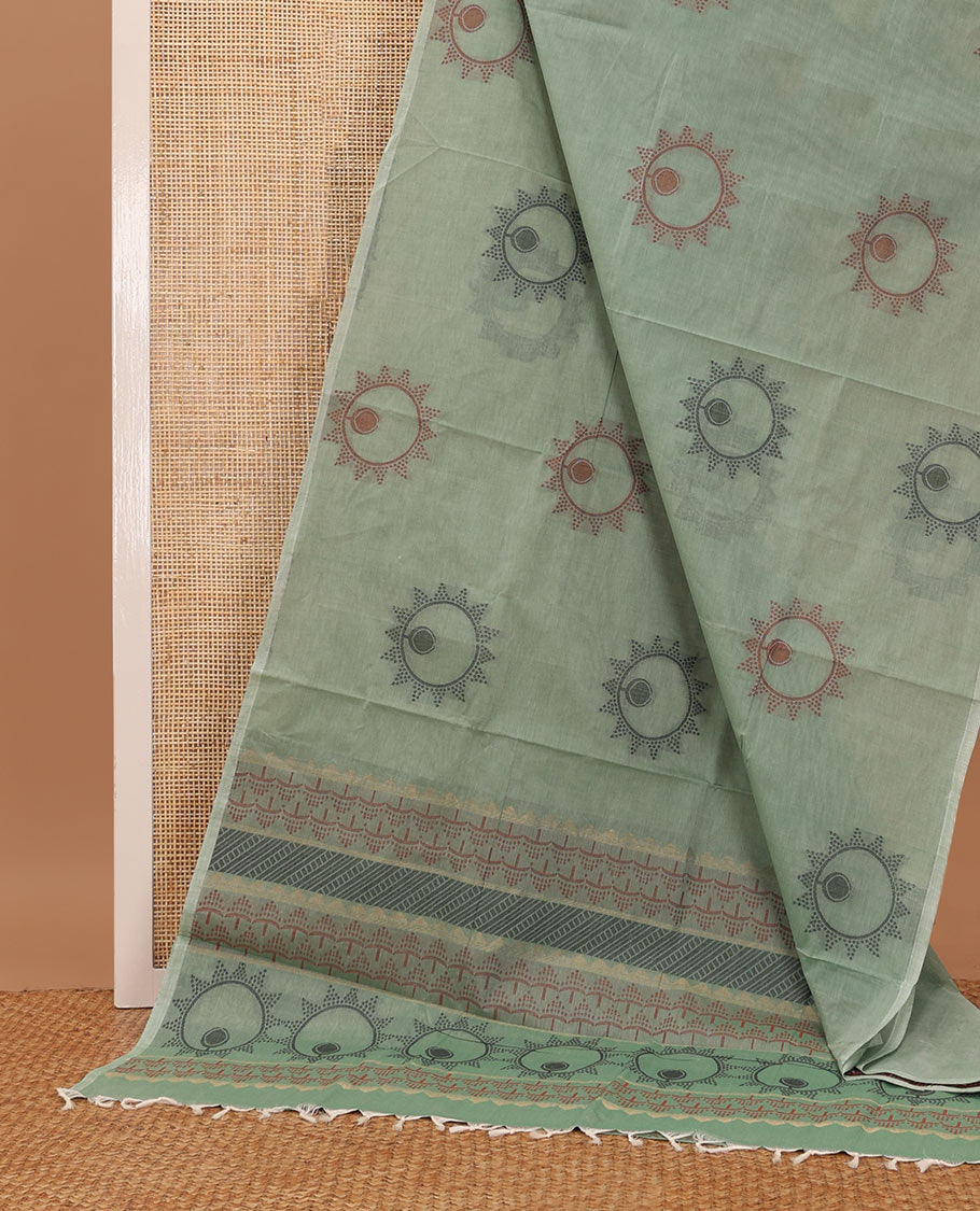 Green unique motifs Coimbatore cotton saree, self-pallu of intricate designs