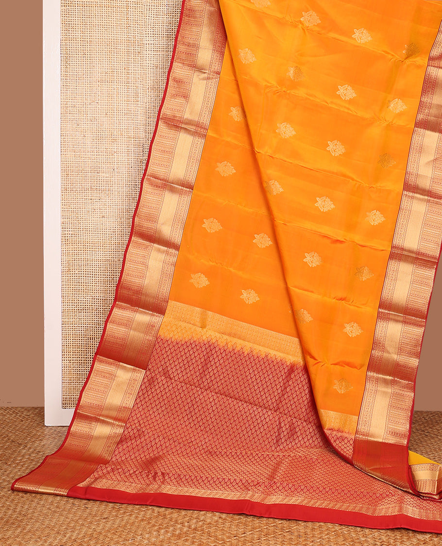 Orange zari buttas Vasundhara silk mix, contrast traditional zari design border, and intricate pallu