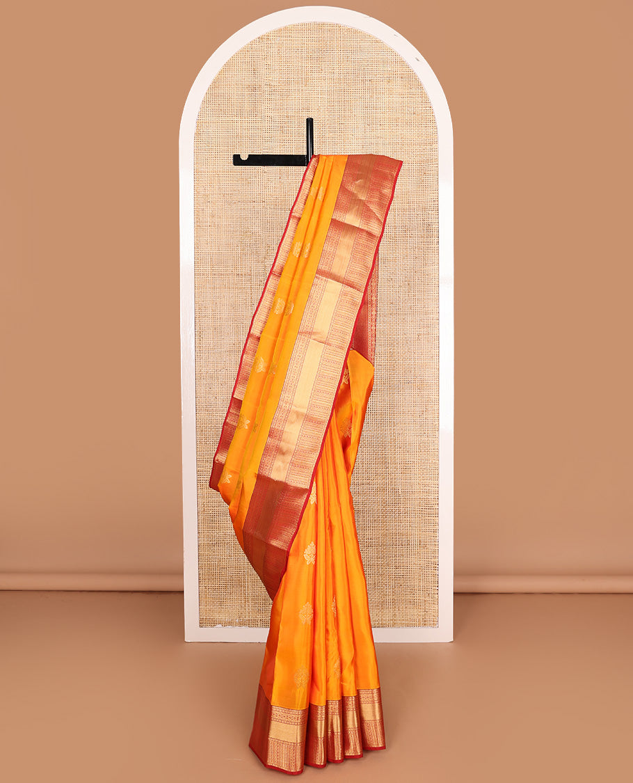 Orange zari buttas Vasundhara silk mix, contrast traditional zari design border, and intricate pallu