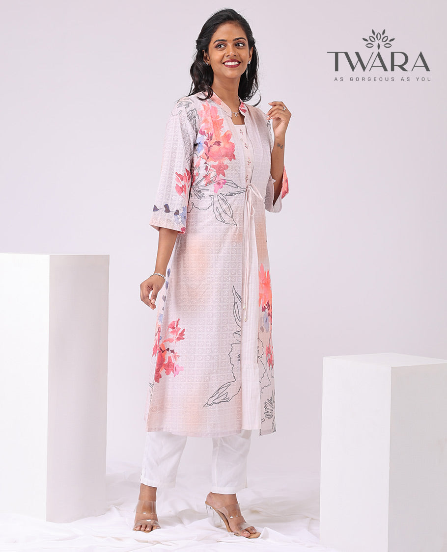 Twara light orange floral enclosed with checked embroidered over coat , 3/4 th sleeve , knee lenght kurti