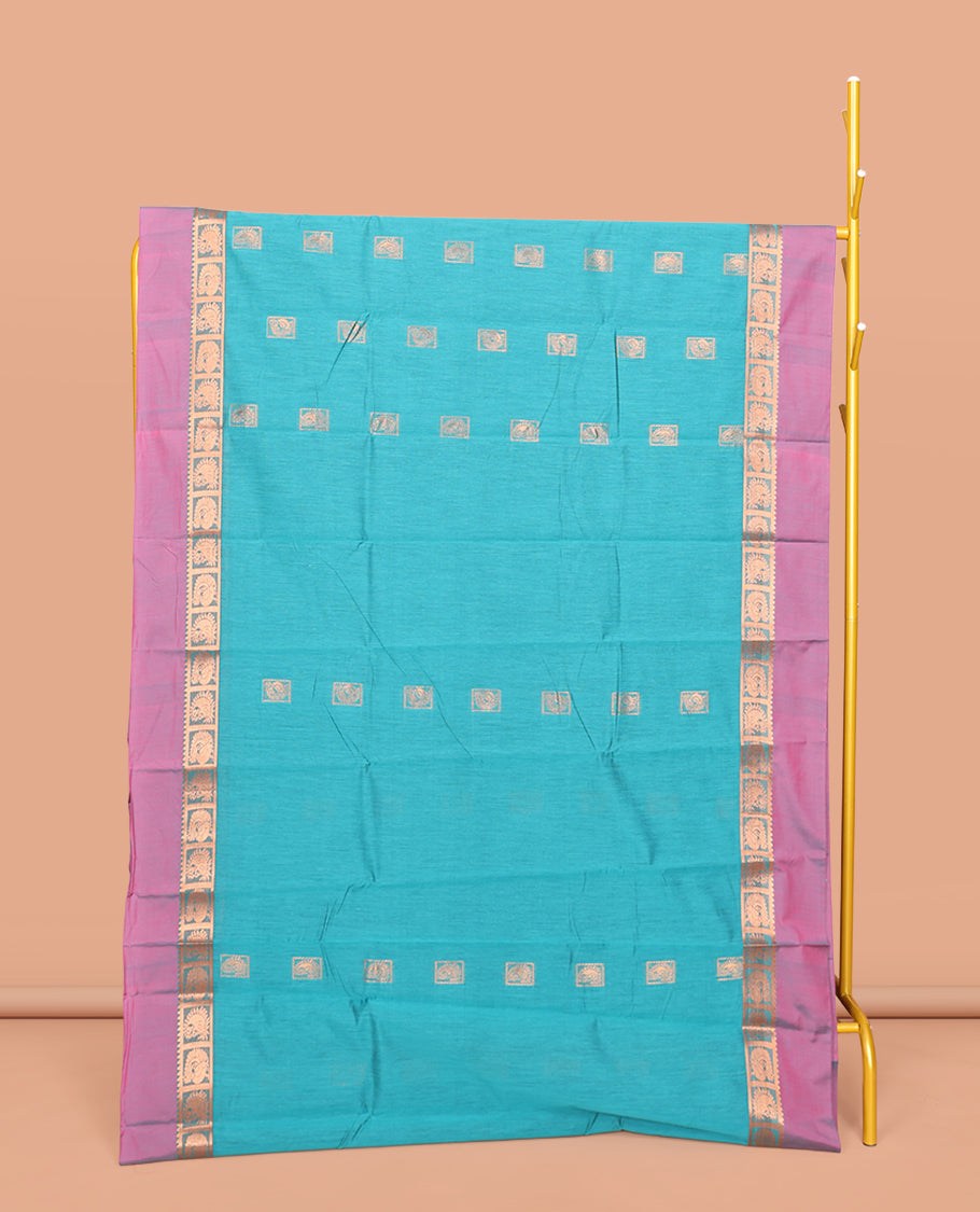 Blue Semi-Silk Cotton Saree, Accentuated with Zari Buttas All Over Its Body, Complemented by a Contrast Border of Peacock and Paisleys, Pallu of Elephant Designs, and Paired with a Matching Blouse