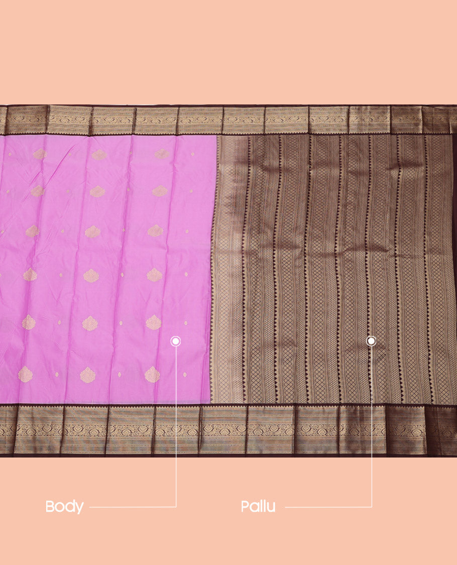 Purple Budget Silk Saree, Bedecked with Zari Buttas, Complemented by a Contrast Traditional Zari Border, Jaal Pallu, and a Contrast Blouse