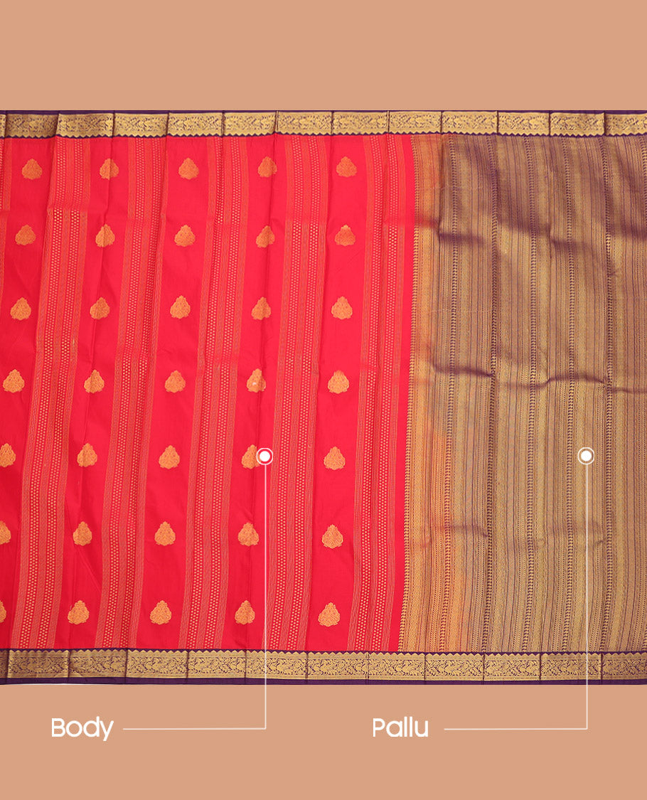 Red Budget Silk Saree, Elevated with Zari Buttas, Complemented by a Contrast Traditional Zari Border, Grand Pallu, and a Contrast Blouse