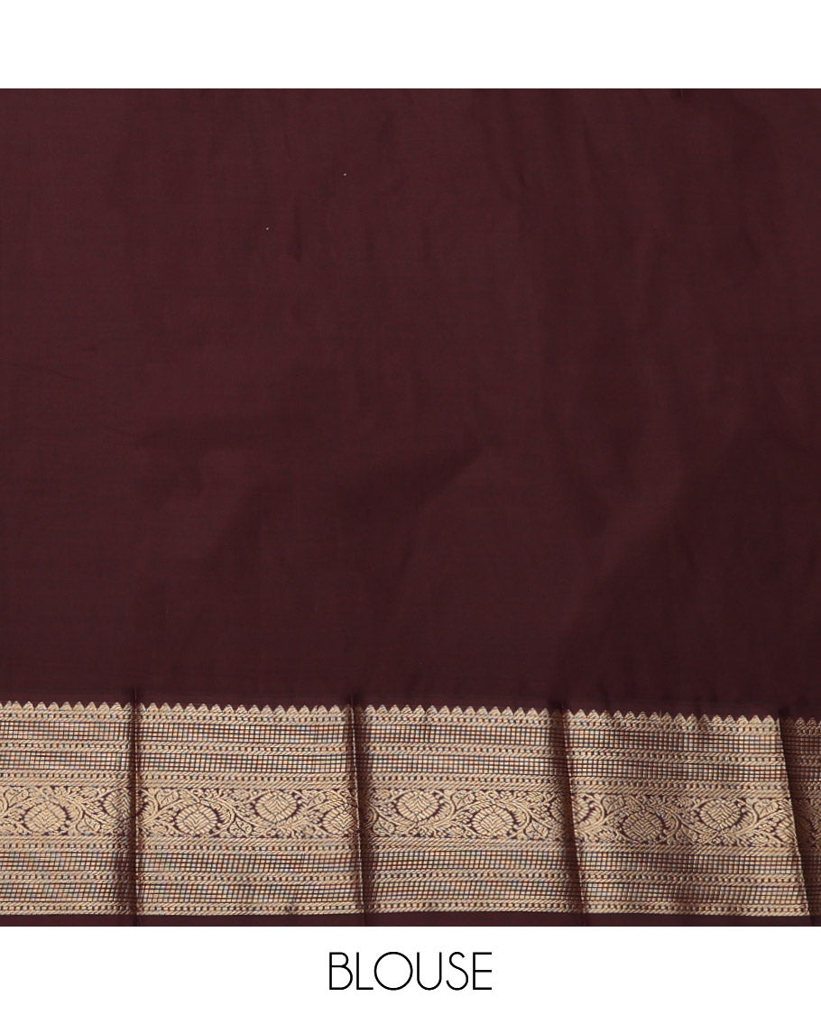 Purple Budget Silk Saree, Bedecked with Zari Buttas, Complemented by a Contrast Traditional Zari Border, Jaal Pallu, and a Contrast Blouse