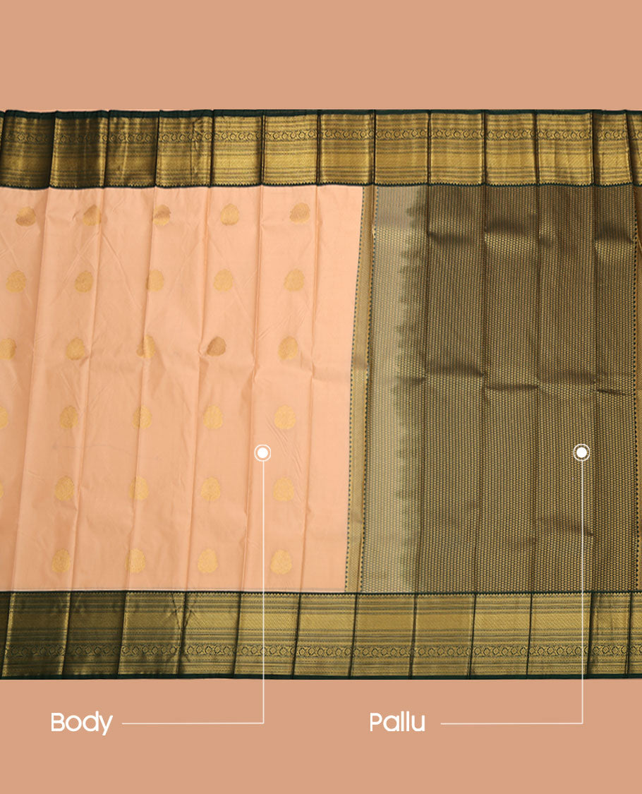 Peach Budget Silk Saree, Woven with Zari Buttas on Its Body, Complemented by a Contrast Traditional Zari Design Border, Grand Jaal Pallu, and Paired with a Contrast Blouse