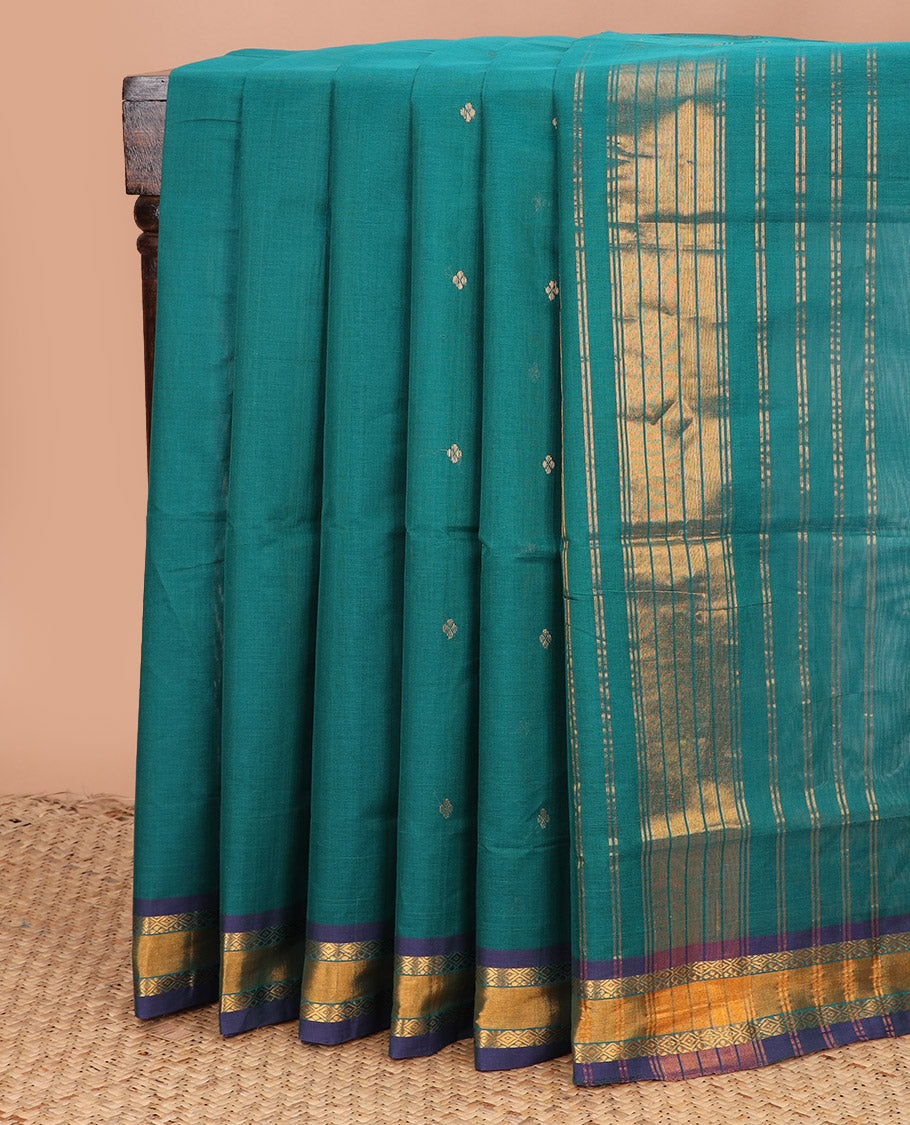 Blue zari buttas Venkatagiri cotton saree, contrast traditional zari border, and striped pallu