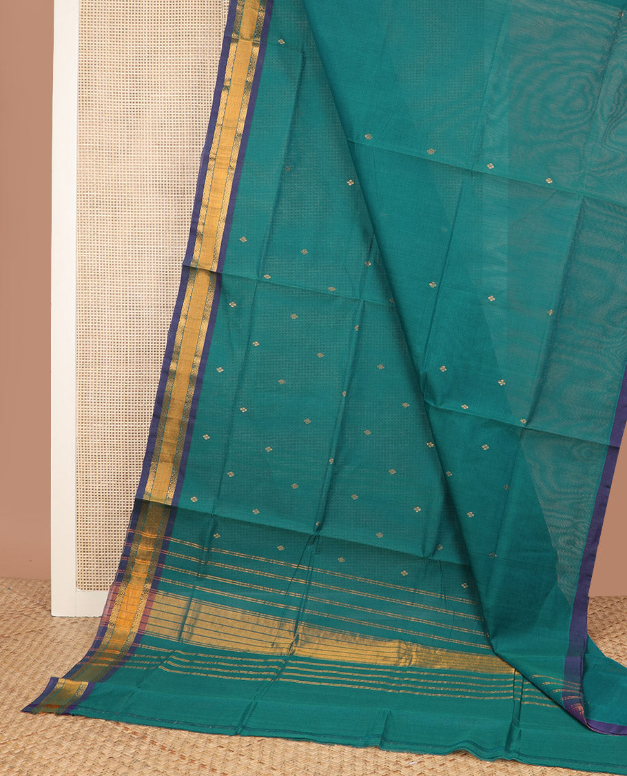 Blue zari buttas Venkatagiri cotton saree, contrast traditional zari border, and striped pallu
