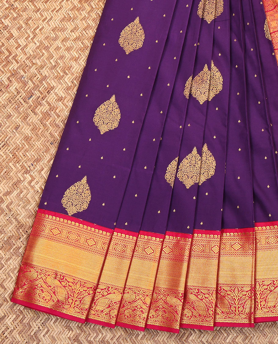 Purple Budget Silk Saree, Adorned with Zari Buttas on Its Body, Complemented by a Contrast Traditional Zari Design Border, Grandly Decked Up Pallu, and Paired with a Contrast Blouse
