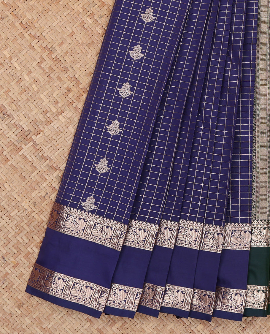 Navy Budget Silk Saree, Embellished with Zari Buttas and Checks, Highlighted by Traditional Zari Rettai Pettu Border, Contrast Grand Pallu, and a Contrast Blouse