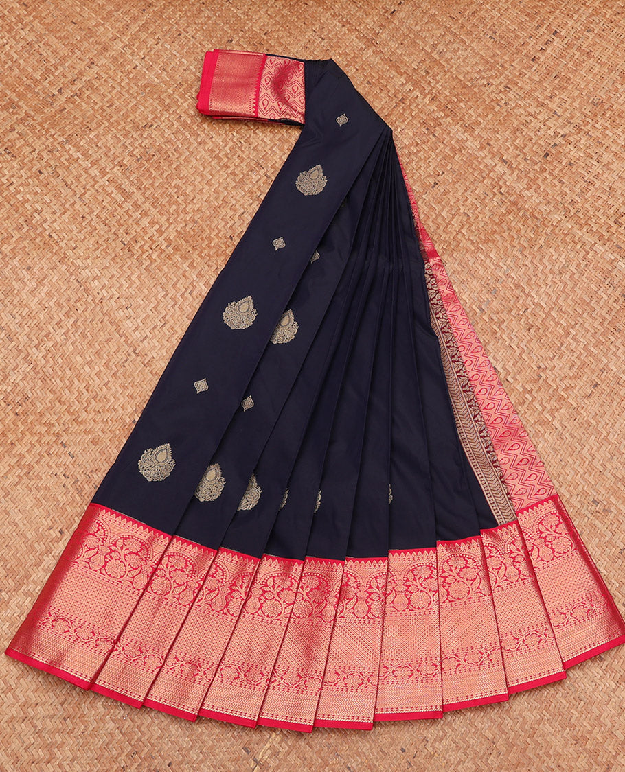 Navy Blue Budget Silk Saree, Delicately Woven with Zari Buttas, Complemented by a Contrast Traditional Zari Border, Grand Pallu, and a Contrast Blouse