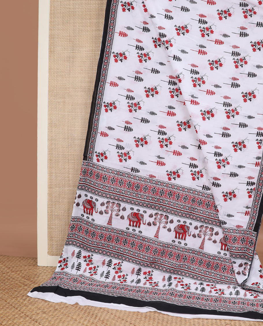 White floral & tree printed mul mul cotton saree, contrast geometric printed border & pallu of geometric patterns, elephant & tree motifs