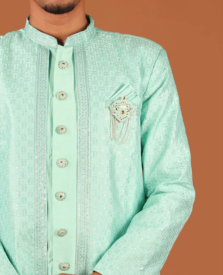 Turquoise Men's Kurta Comes with a Geometric Sequins-Thread Embroidered Full-Sleeved Jacket and Matching Pants