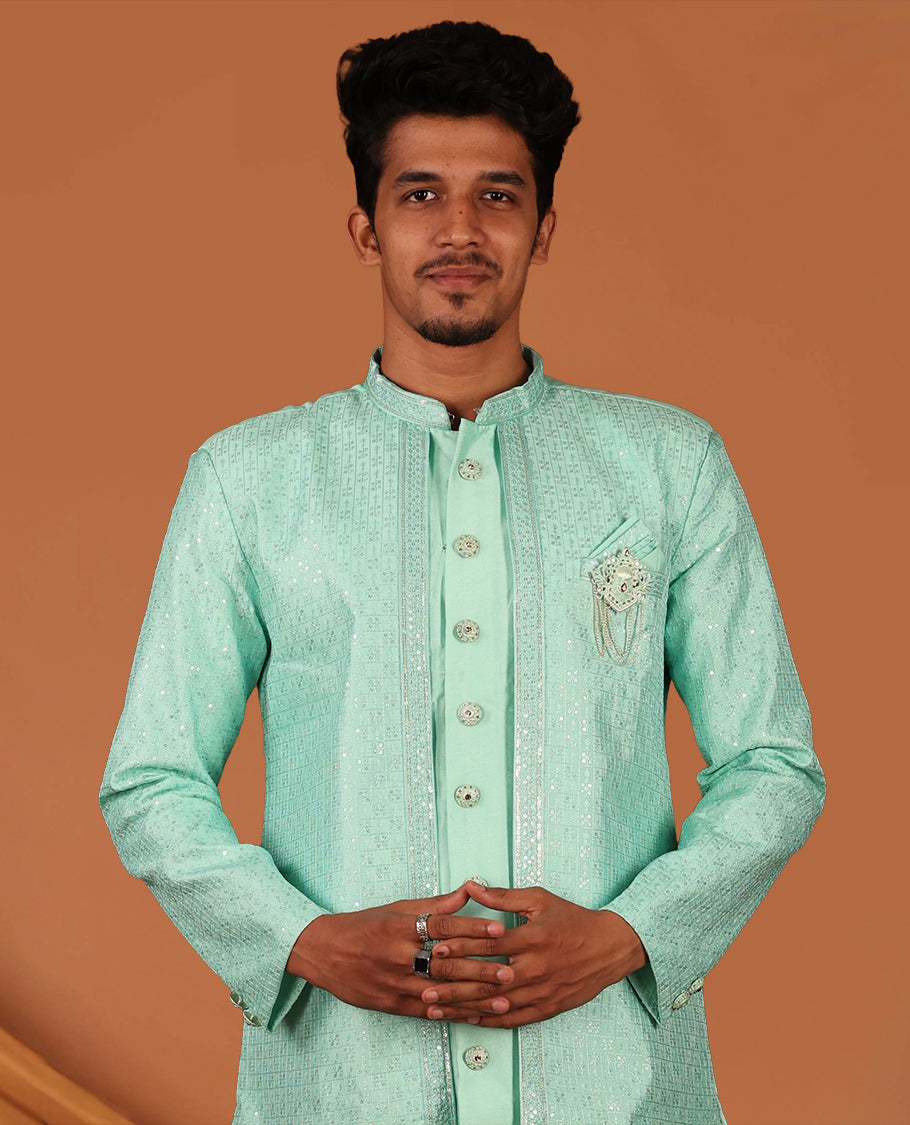 Turquoise Men's Kurta Comes with a Geometric Sequins-Thread Embroidered Full-Sleeved Jacket and Matching Pants