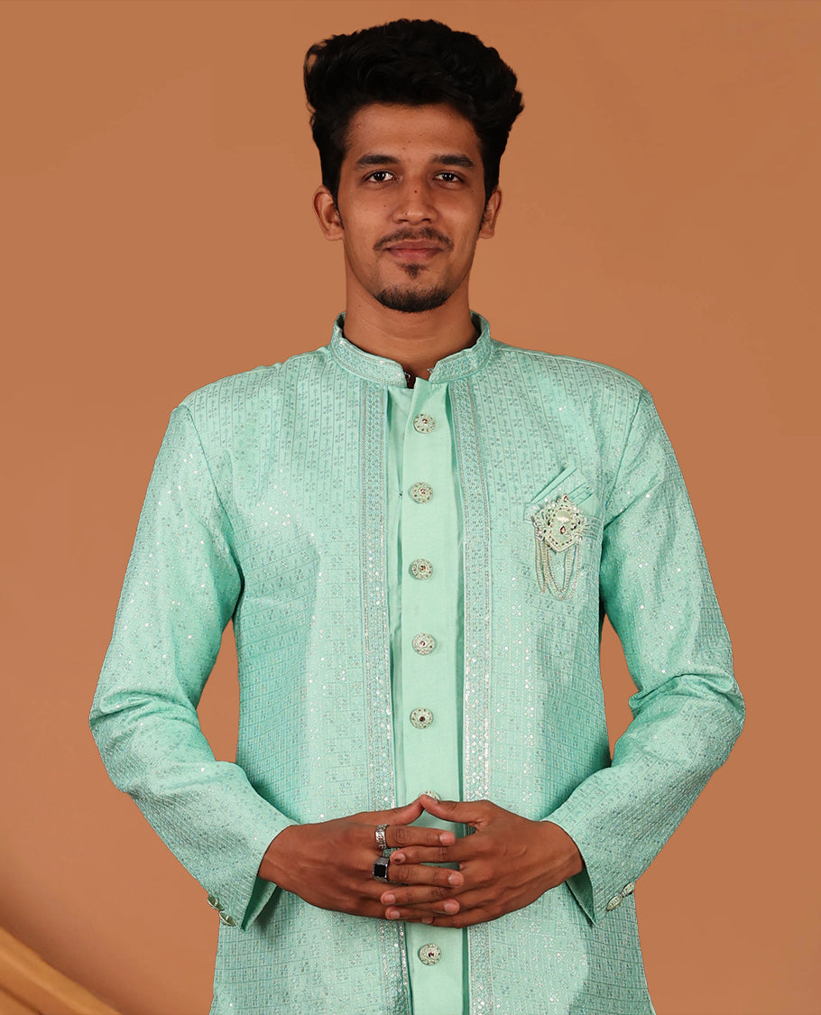 Turquoise Men's Kurta Comes with a Geometric Sequins-Thread Embroidered Full-Sleeved Jacket and Matching Pants