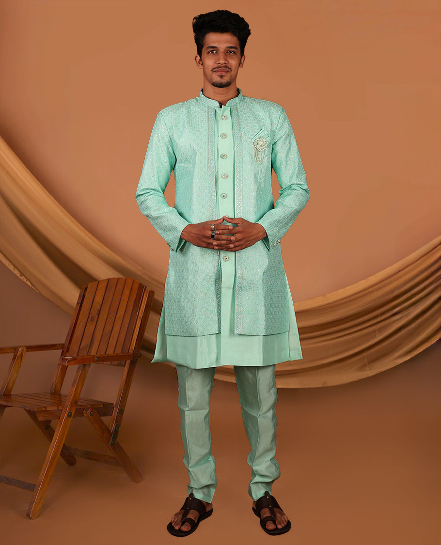Turquoise Men's Kurta Comes with a Geometric Sequins-Thread Embroidered Full-Sleeved Jacket and Matching Pants