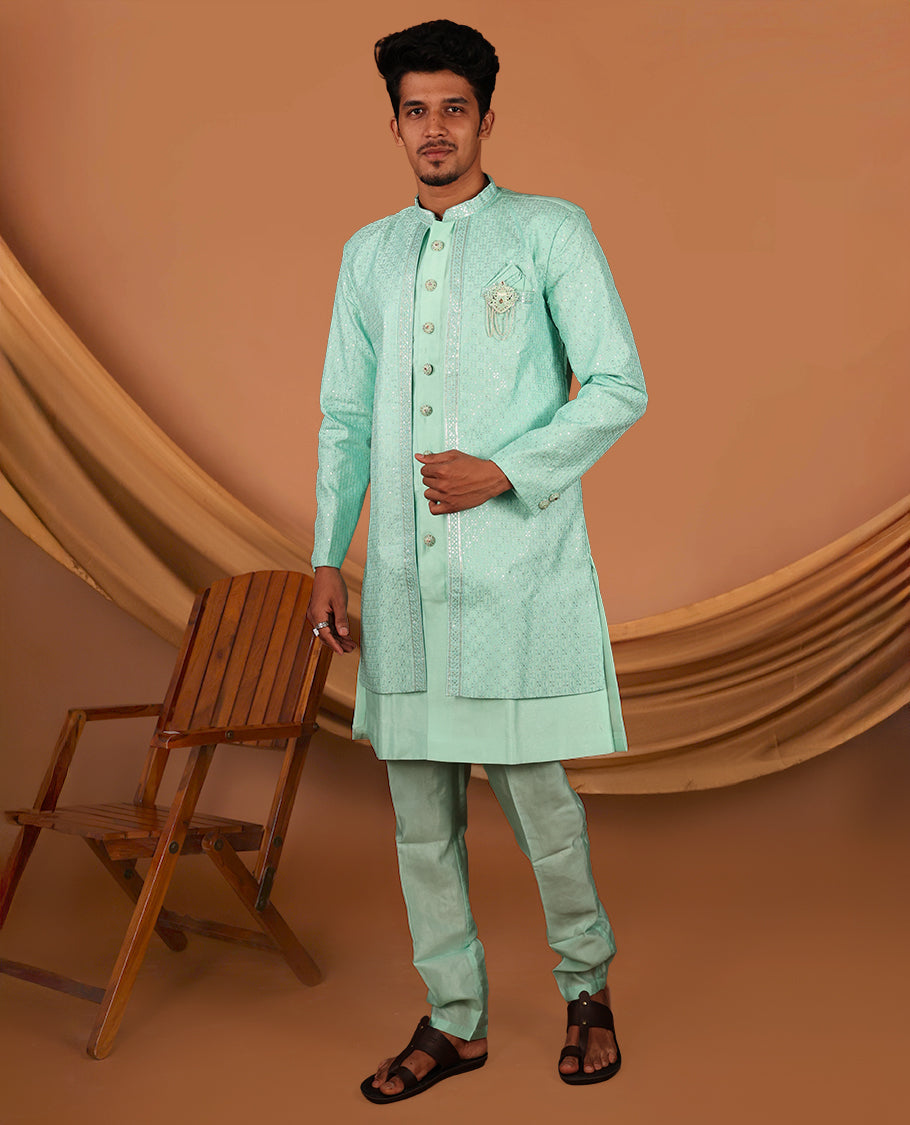 Turquoise Men's Kurta Comes with a Geometric Sequins-Thread Embroidered Full-Sleeved Jacket and Matching Pants