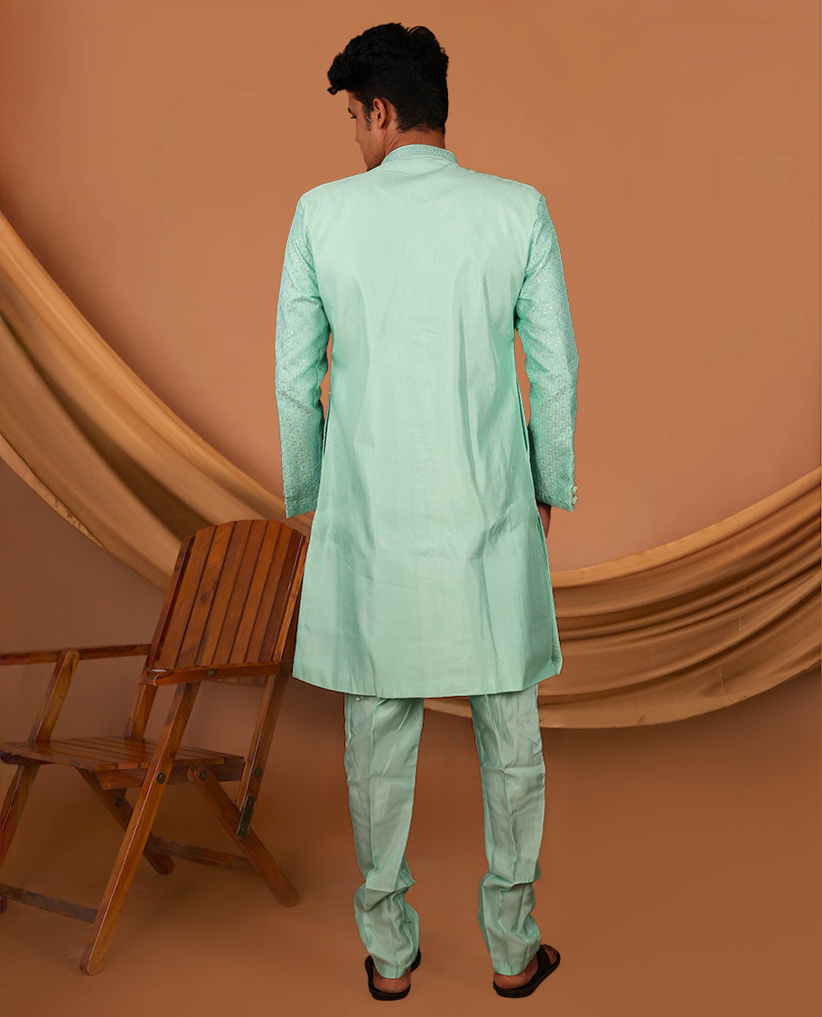 Turquoise Men's Kurta Comes with a Geometric Sequins-Thread Embroidered Full-Sleeved Jacket and Matching Pants