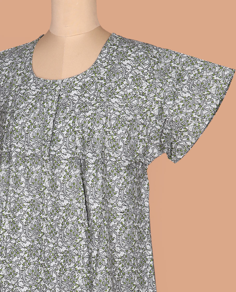 Blue circle motifs printed leaf necked embroidered half-sleeve cotton nighty