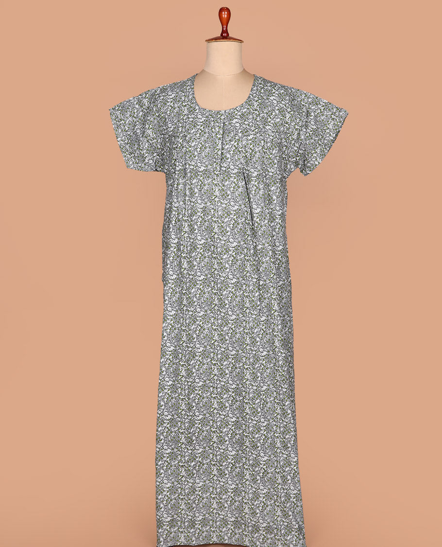 Blue circle motifs printed leaf necked embroidered half-sleeve cotton nighty