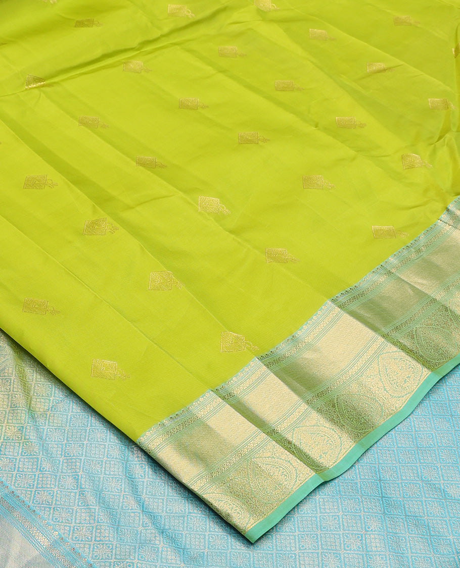 Parrot green zari buttas Vasundhara silk mix, contrast traditional zari border of thilakam motifs, and jaal pallu
