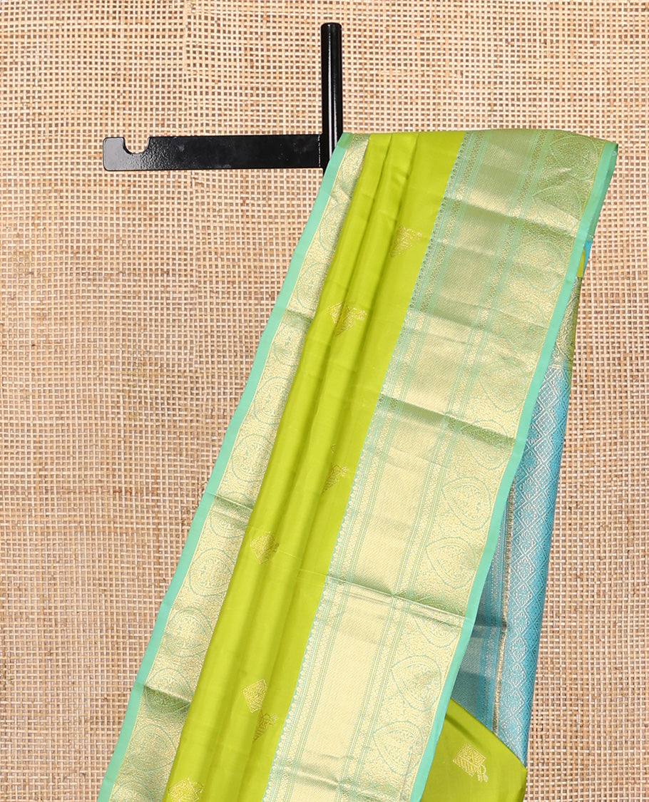 Parrot green zari buttas Vasundhara silk mix, contrast traditional zari border of thilakam motifs, and jaal pallu