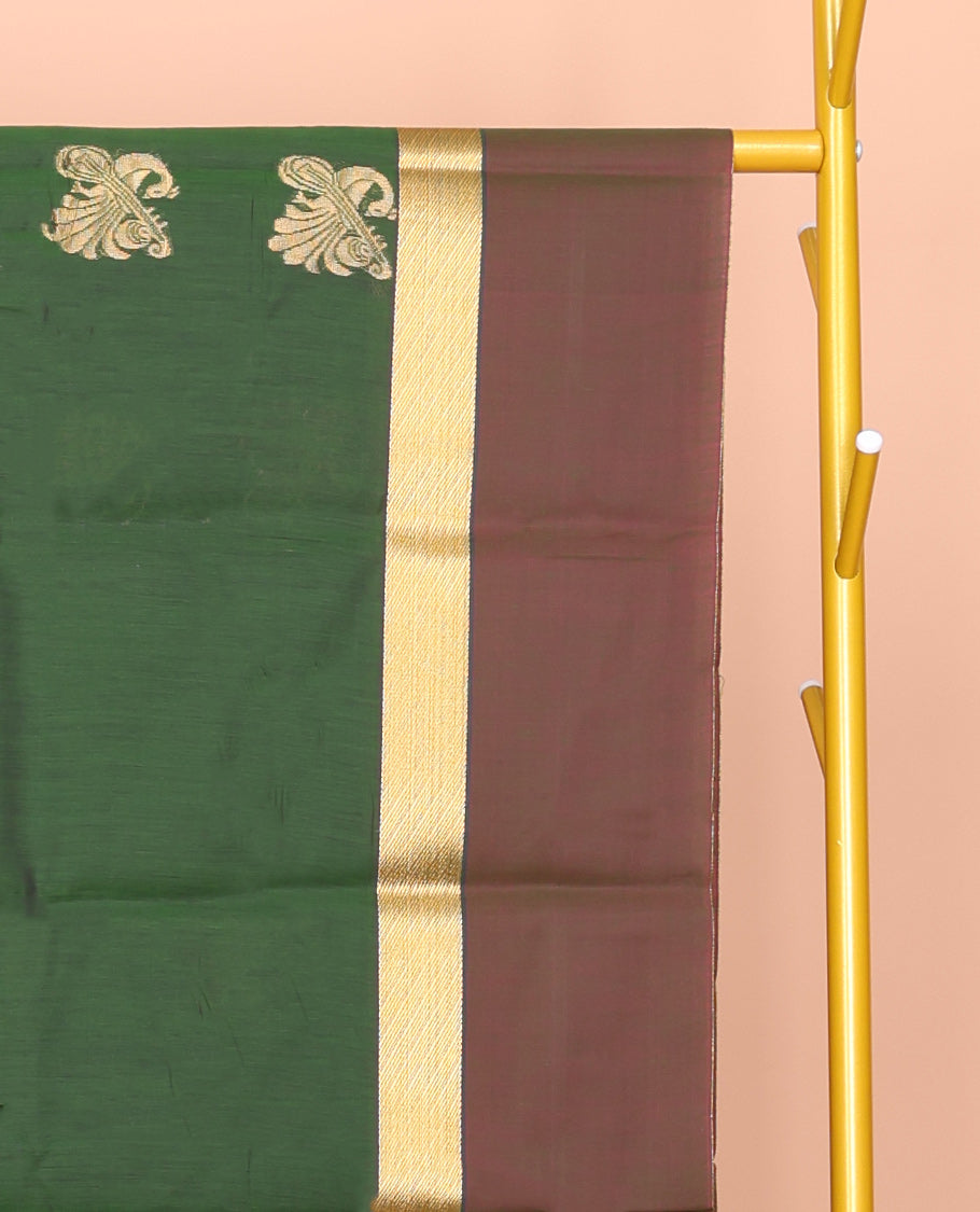 Green Semi-Silk Cotton Saree, Embellished with Zari Buttas All Over Its Body, Complemented by a Contrast Border of Peacock and Veena Designs, Pallu of Peacock Designs, and Paired with a Matching Blouse