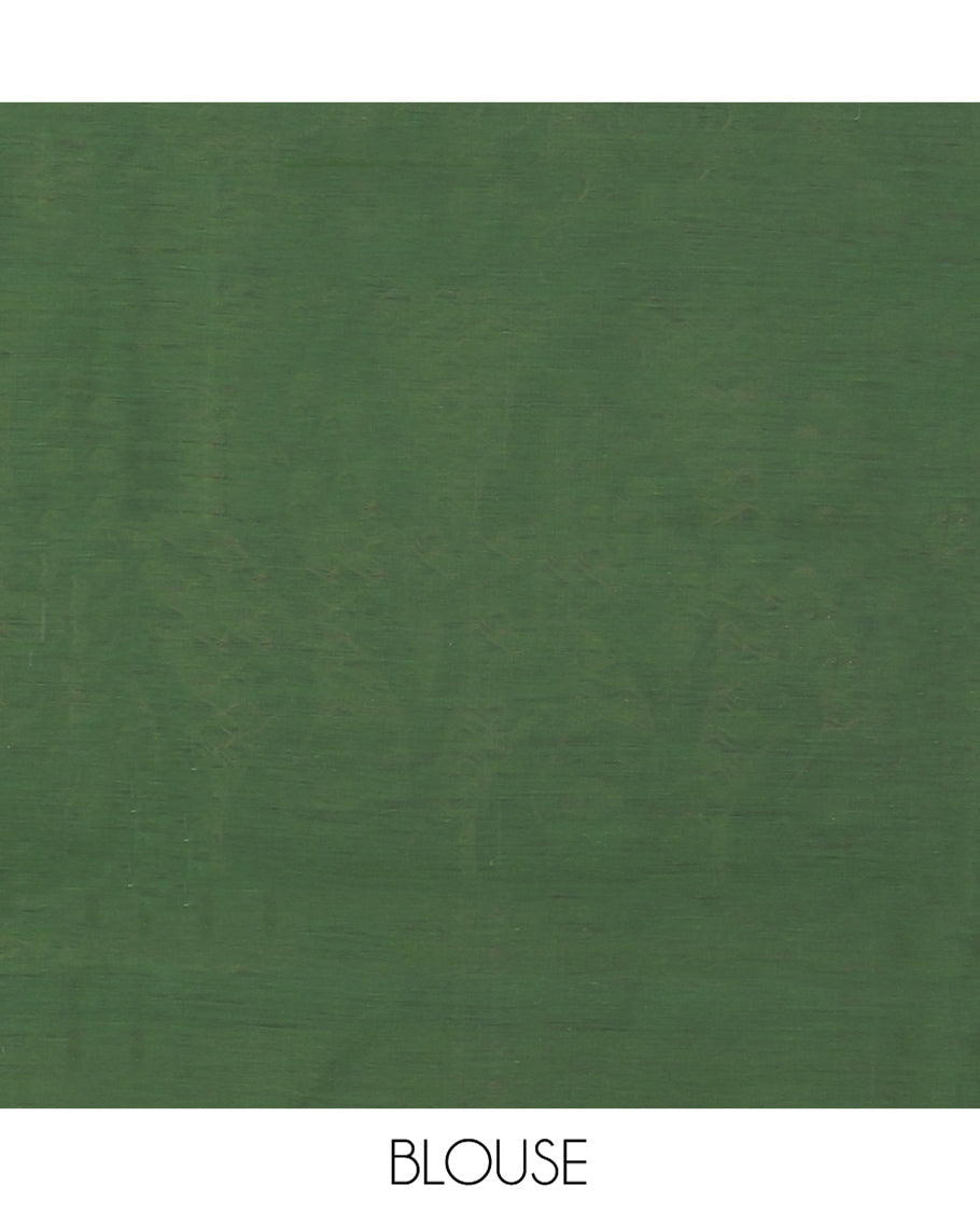 Green Semi-Silk Cotton Saree, Embellished with Zari Buttas All Over Its Body, Complemented by a Contrast Border of Peacock and Veena Designs, Pallu of Peacock Designs, and Paired with a Matching Blouse