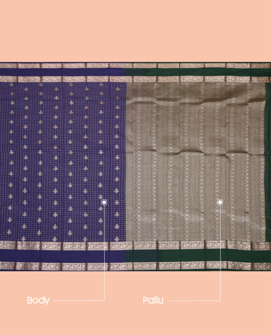 Navy Budget Silk Saree, Embellished with Zari Buttas and Checks, Highlighted by Traditional Zari Rettai Pettu Border, Contrast Grand Pallu, and a Contrast Blouse