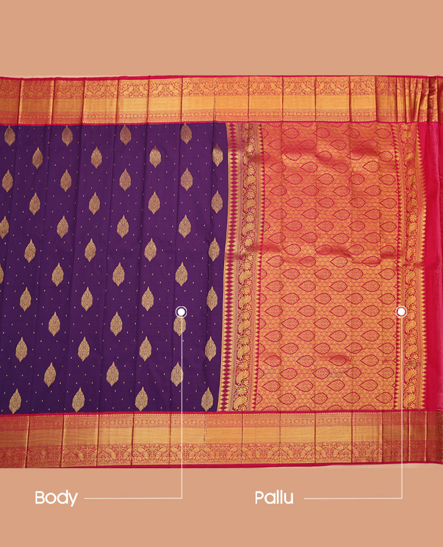 Purple Budget Silk Saree, Adorned with Zari Buttas on Its Body, Complemented by a Contrast Traditional Zari Design Border, Grandly Decked Up Pallu, and Paired with a Contrast Blouse